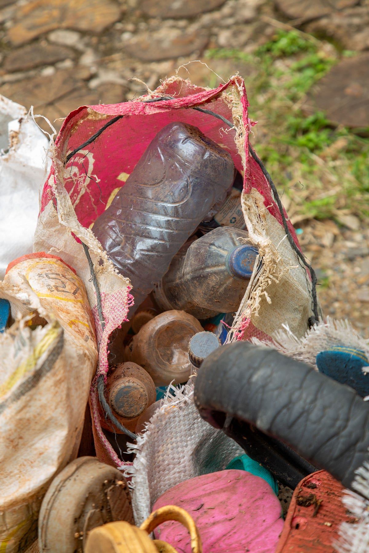 Plastic bottles and textiles collected during clean-up